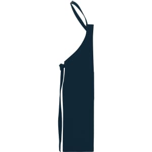 A dark navy blue apron with a bib and ties on the side, featuring a simple design.