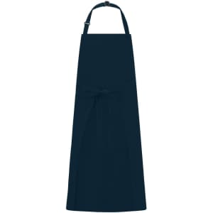 A dark navy apron with a bib and tie, featuring an adjustable neck strap and a smooth design.
