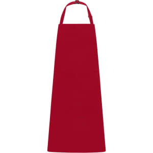 A red apron with a bib, featuring straps for wearing. The apron has a simple, solid design.