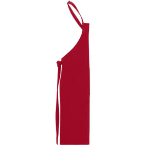 A red apron with a bib design, featuring a side pocket and an adjustable neck strap.