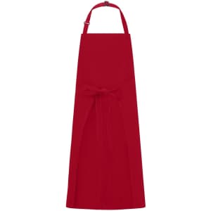 A red apron with a bib and a bow tie at the waist, featuring an adjustable neck strap and a logo.
