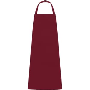 A maroon apron with a bib, featuring an adjustable neck strap and a logo.