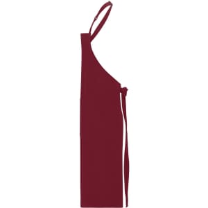 A maroon apron with a bib, featuring adjustable straps and a side tie, includes a logo.