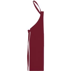 A burgundy apron with a bib and tie, featuring a logo on its surface.