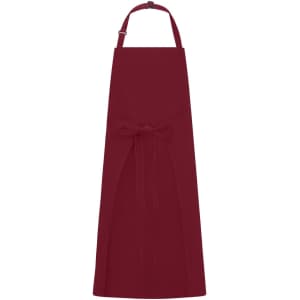 A burgundy apron with a bib and a waist tie, featuring a logo at the top.
