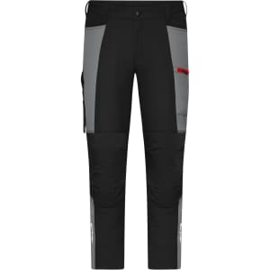 All-season workwear pants featuring a black and grey design, with pockets and a branding logo.