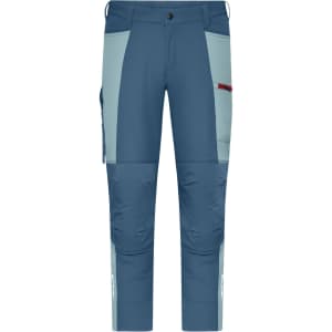 All-season workwear pants in blue and light grey, featuring multiple pockets and a logo. Designed for durability and functionality.