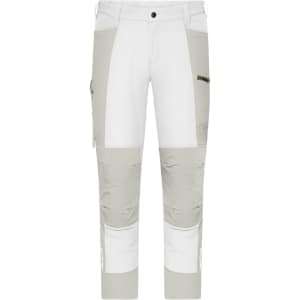 Workwear pants in white and light grey, featuring a logo and multiple pockets for functionality.
