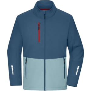A softshell jacket in blue and light blue, featuring a front zip and a zipped chest pocket. It has reflective details and a logo.