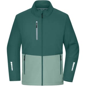 A softshell jacket in deep teal and light green, featuring zippered pockets and a logo.