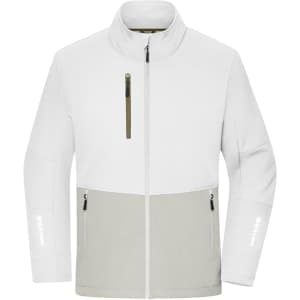 A softshell work jacket in white and light grey, featuring a zip-up front and zippered pockets, with a logo.
