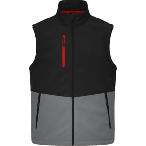 A softshell vest in black and grey, featuring a zippered front and side pockets, with a red zipper accent.