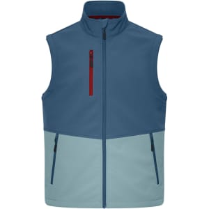 A softshell vest featuring a blue upper section and light blue lower section, with a zippered chest pocket and side pockets.