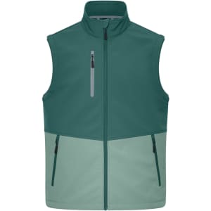 A workwear softshell vest in dark green and light green, featuring a zippered front and pockets. It has a logo.