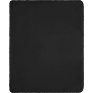 A black fleece blanket with a stitched edge. It features a logo in one corner.