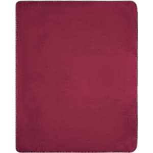 A fleece blanket in a deep burgundy colour with a smooth texture and stitched edges.