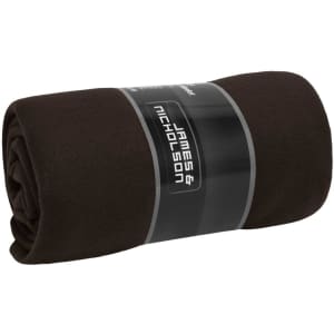 A rolled black fleece blanket with a branded band around it, featuring a sleek design.