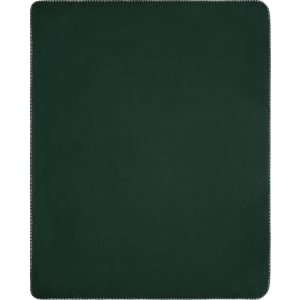 A dark green fleece blanket with a stitched edge design. It has a smooth texture and a rectangular shape.