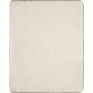 A beige fleece blanket with a smooth texture and a subtle border, featuring a logo in one corner.