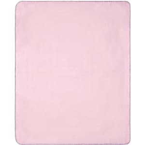 A soft pink fleece blanket with a smooth texture and a rounded edge. It features a logo in one corner.