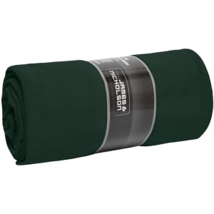 A rolled dark green fleece blanket with a branding label.