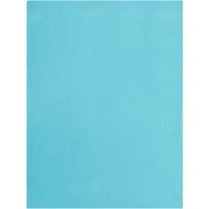 A bright turquoise fleece blanket, soft and plush in texture, featuring a branding logo.
