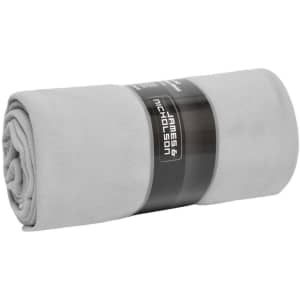A rolled grey fleece blanket with a black band featuring a logo. Suitable for leisure and outdoor use.