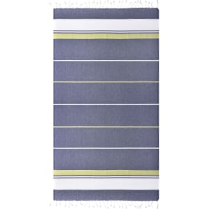 A striped beach blanket featuring shades of navy blue, white, and lime green, with a textured surface and fringe edges.
