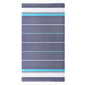 A striped beach blanket in navy blue, light blue, and white, featuring tassels along the edges. It has a logo.