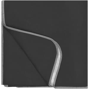 A black picnic blanket with a grey trim, folded neatly, featuring a logo on one corner.