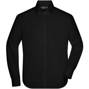 A black long-sleeve men's button-up shirt with a collar and a logo on the label.