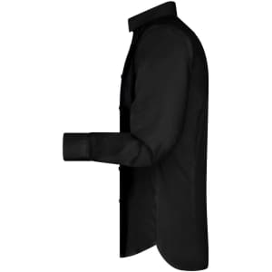 A black button-up long sleeve shirt with a side view display, featuring a simple design and no visible branding.