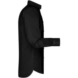 A black long-sleeved button-up shirt displayed from the side, featuring a collar and cuff details.