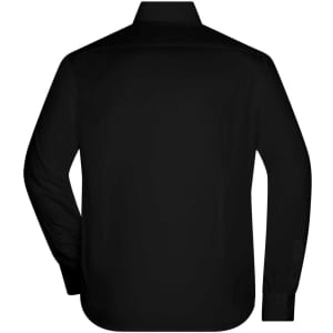 A black long-sleeved button-up shirt with a collar and a plain back. Features a logo.