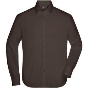 A brown long-sleeve button-up shirt with a collar and a logo on the label.