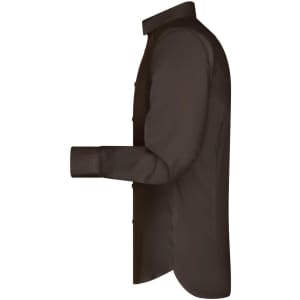 A brown button-up shirt is displayed, showcasing the side view and long sleeves. The shirt features a collar and buttons.