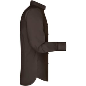 A long brown button-up shirt displayed from the side, featuring a collar and button placket.