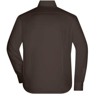 A long-sleeved men's button-up shirt in a solid dark brown colour, featuring a collar and a back view.
