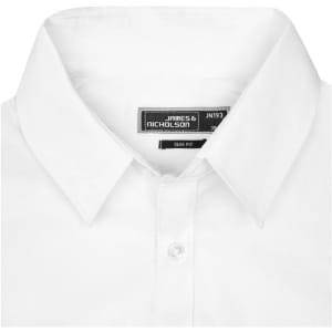 A white button-up shirt with a classic collar, featuring a brand tag and a slim fit design.