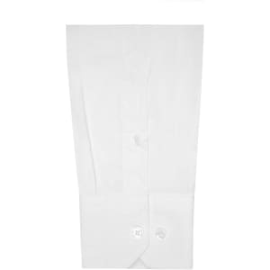 A white long-sleeve button-up shirt featuring a classic collar and buttoned cuffs. It has a logo on the label.