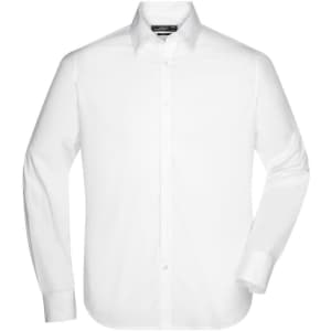 A white long-sleeved button-up shirt with a collar, featuring a logo on the label.