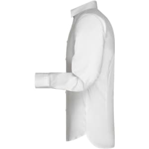 A long white button-up shirt displayed from the side, featuring a classic collar and buttoned front.
