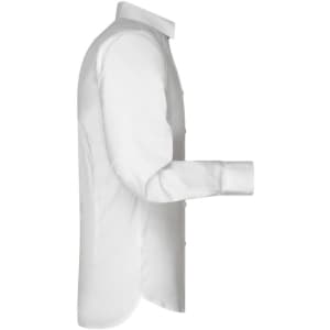 A white long-sleeve button-up shirt with a fitted silhouette and a brand logo on the label.