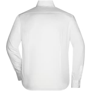 A white long-sleeve button-up shirt featuring a classic collar and a brand logo on the back.