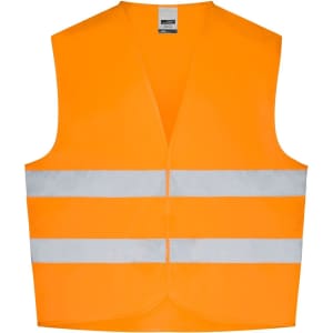 A bright orange safety vest featuring two reflective white stripes and a logo on the label.