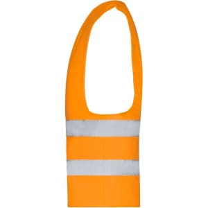 An orange safety vest featuring reflective strips and a logo. The vest has a sleeveless design for visibility.
