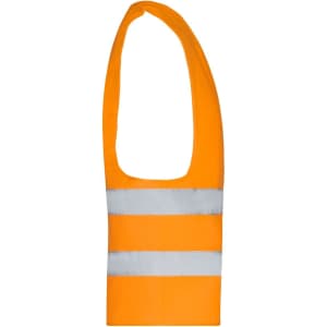 An orange safety vest with two reflective strips and a sleeveless design. It features a logo on the front.