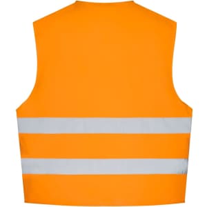 An orange safety vest with two reflective grey stripes, featuring a back view design.