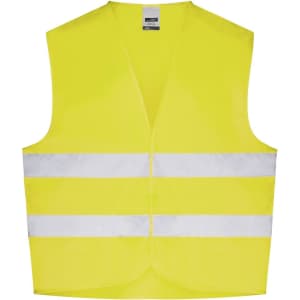 A bright yellow safety vest featuring two reflective white stripes and a label at the neckline.