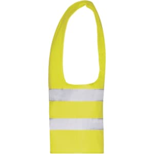 A bright yellow safety vest with reflective strips, designed for visibility and safety in various environments.